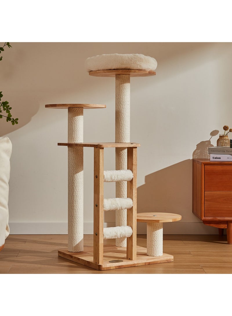 PETSBELLE High-End Large Cat Tree Tower, Premium Rubber Wood Made, Scratching Posts, Removable Soft Cushion Bed, Mini Ladder, Super Stable (48x48x113cm)