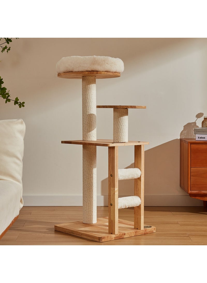 PETSBELLE High-End Large Cat Tree Tower, Premium Rubber Wood Made, Scratching Posts, Removable soft Cushion Bed, Mini Ladder, Super Stable (45x45x105cm)