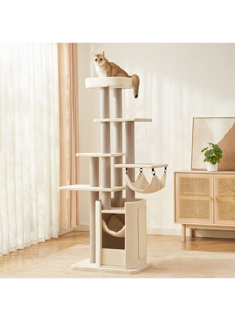 PETSBELLE High-End Extra Large Cat Tree Tower, Premium Rubber Wood Made, Scratching Posts, Cat Condo, Removable Soft Cushion Bed, Hammock, Scratching Board, Super Stable (96x48x177cm)