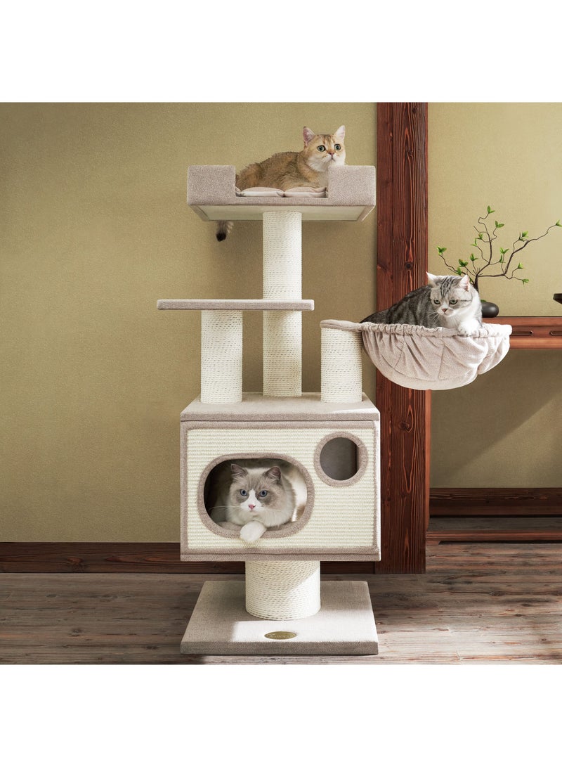 PETSBELLE High-End Large Cat Tree Tower, Premium Birch Wood Made, Scratching Posts, Cat Condo with Scratching Posts, Removable Soft Cushion Bed, Cat Nest, Super Stable (48x48x123cm)