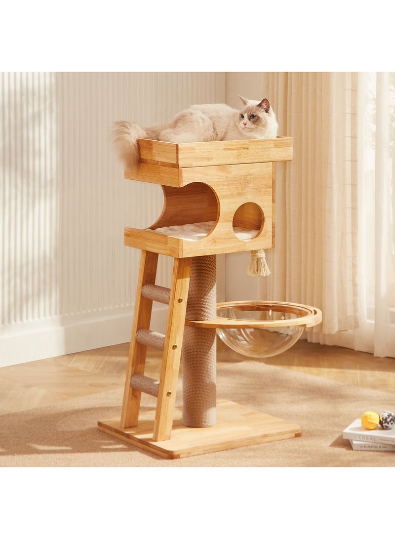 PETSBELLE High-End Large Cat Tree Tower, Premium Rubber Wood Made, Scratching Posts, Cat Condo with Scratching Posts, Removable Soft Cushion, Transparent Space Capsule, Super Stable (55x48x103cm)