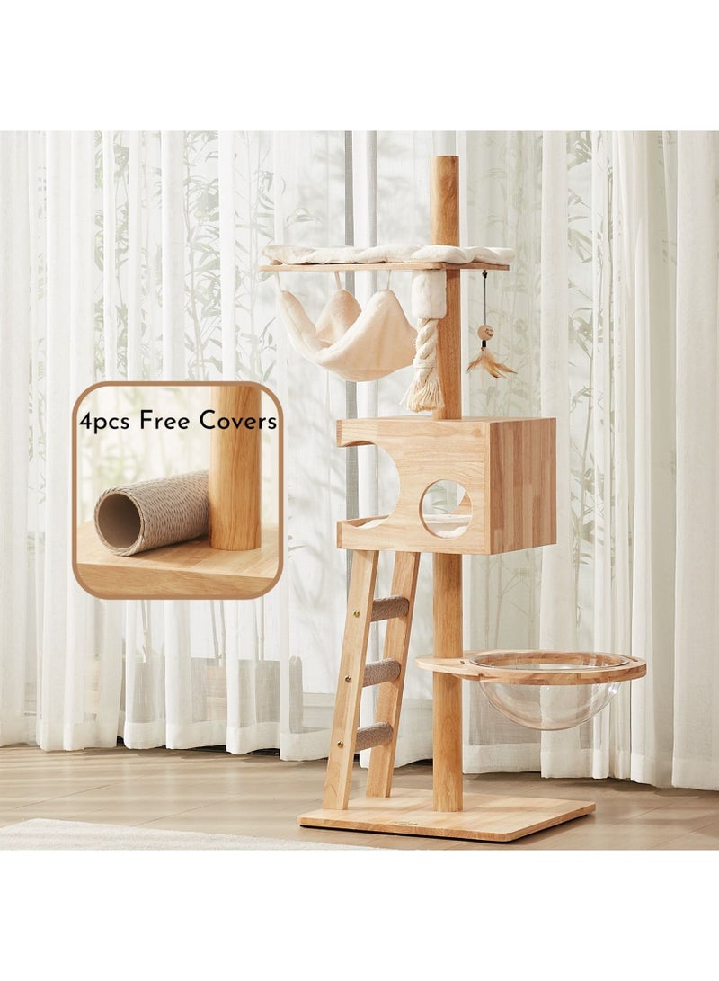 PETSBELLE High-End Extra Large Cat Tree Tower, Premium Rubber Wood, Scratching Posts, Cat Condo, Removable Soft Cushion, Transparent Space Capsule, Hammock, Super Stable (55x48x158cm)
