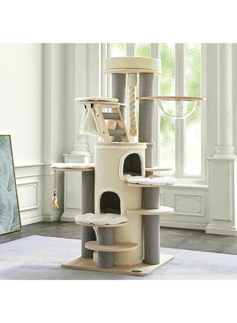 PETSBELLE High-End Extra Large Cat Tree Tower, Premium Birch Wood Made, Scratching Posts, Mutil-Cat Condo, Removable Soft Cushion Bed, Transparent Space Capsule, Hammock, Super Stable (70x70x160cm)