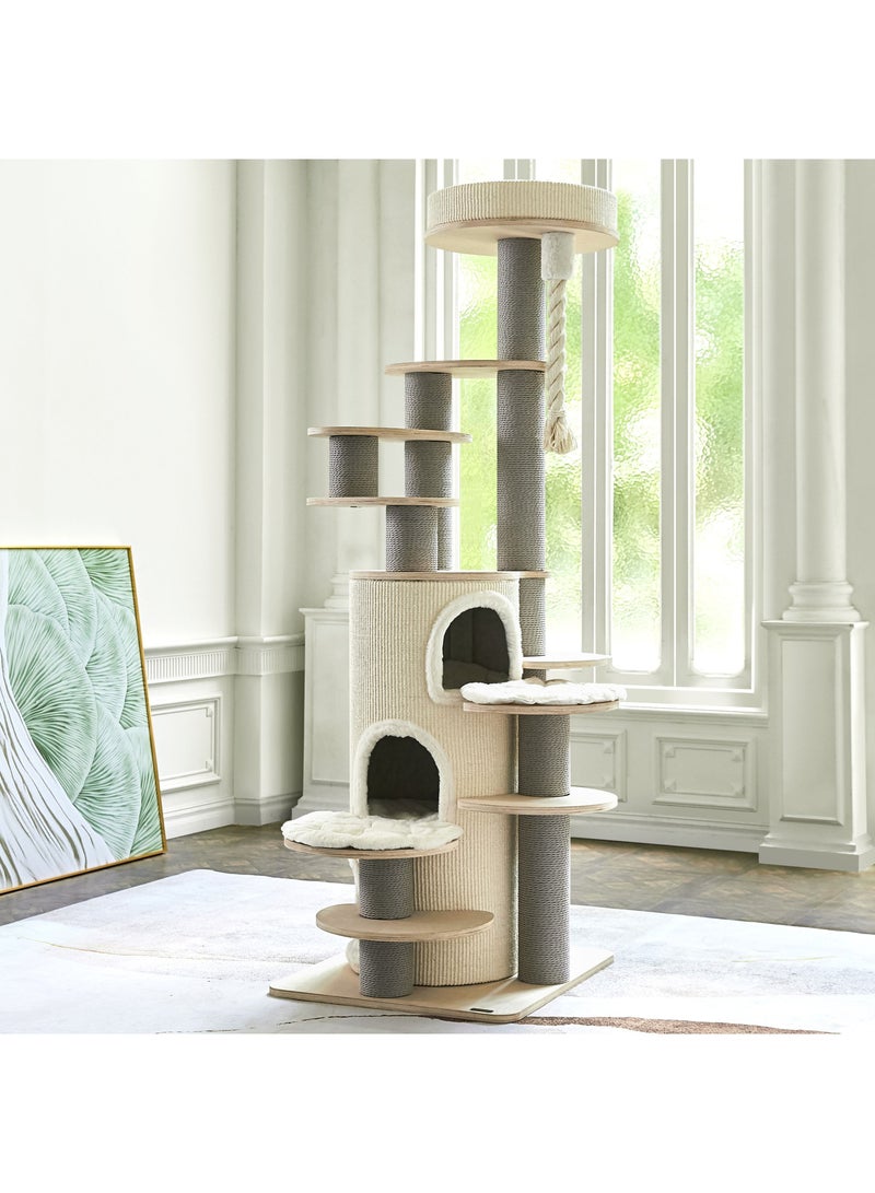 PETSBELLE High-End Extra Large Cat Tree Tower, Premium Birch Wood Made, Scratching Posts, Mutil-Cat Condo, Removable Soft Cushion Bed, Super Stable (60x70x182cm)