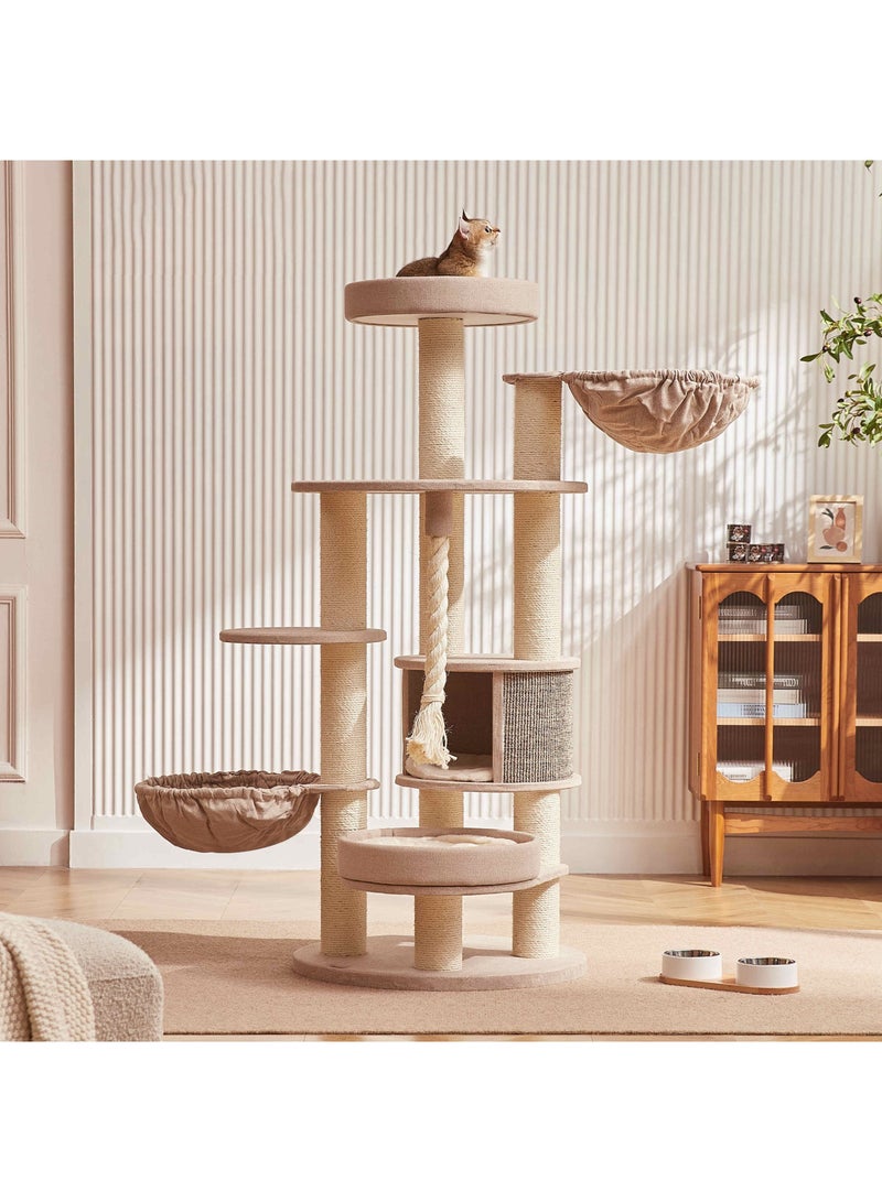PETSBELLE High-End Extra Large Cat Tree Tower, Premium Rubber Wood Made, Scratching Posts, Cat Condo, Removable Soft Cushion Bed, Cat Nest, Super Stable (150x70x165cm)