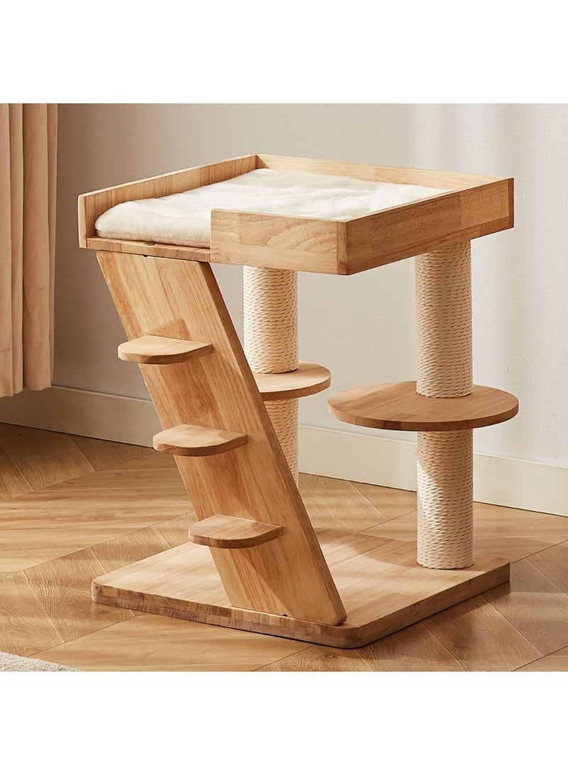 PETSBELLE High-End Cat Tree Tower, Premium Rubber Wood Made, Scratching Posts, Removable Soft Cushion Bed, Mini Ladder, Super Stable (48x48x62cm)