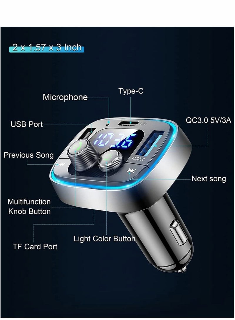Bluetooth Adapter for Car Wireless FM Radio Transmitter Excefore Handsfree Calling Audio Receiver MP3 Music Player QC3.0 Type-C PD USB Charger 7 Colors LED Backlit