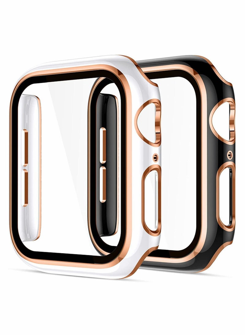 Cases Compatible with Apple Watch Series 7 41mm, 2Pcs with Tempered Glass Screen Protector Electroplated Rose Gold Edge Slim Case Cover for Women Men(Black/White)