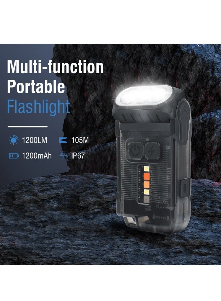 V15 LED Keychain EDC Fluorescence Flashlight Clip Warm Work Light Type-C Rechargeable Torch Magnet Camping Pocket Lantern (Black)