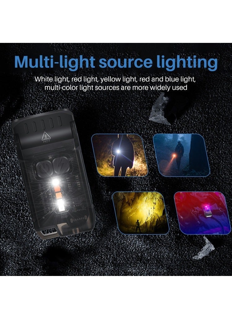 V15 LED Keychain EDC Fluorescence Flashlight Clip Warm Work Light Type-C Rechargeable Torch Magnet Camping Pocket Lantern (Black)