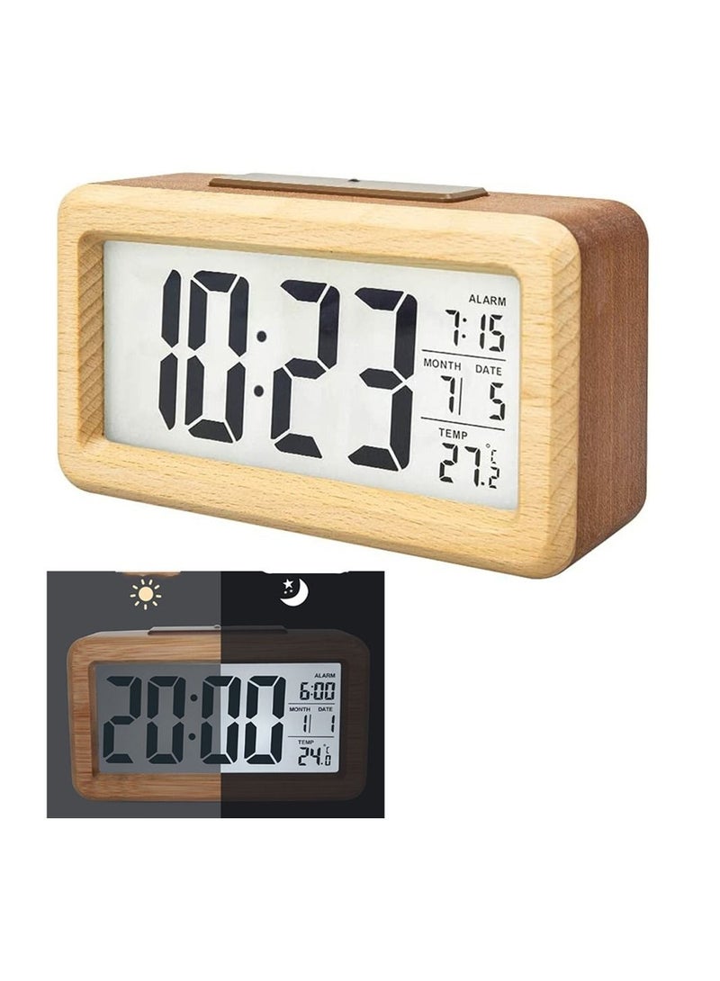 Wooden Digital Alarm Clock,  Large LED Display, 12/24 Hours Display, Smart Sensor Night Light, Date, Snooze and Temperature, Battery Operated, Bedside Alarm Clock for Bedroom, for Office