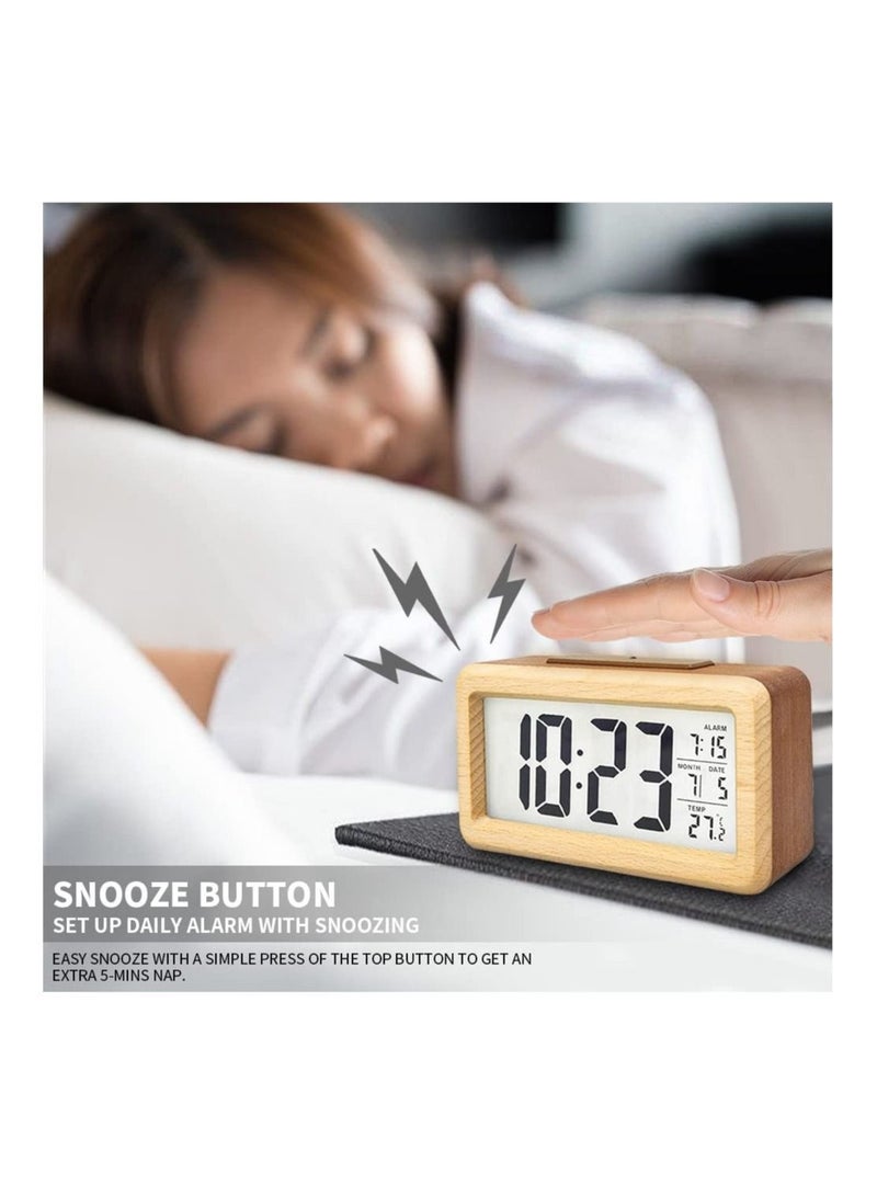 Wooden Digital Alarm Clock,  Large LED Display, 12/24 Hours Display, Smart Sensor Night Light, Date, Snooze and Temperature, Battery Operated, Bedside Alarm Clock for Bedroom, for Office
