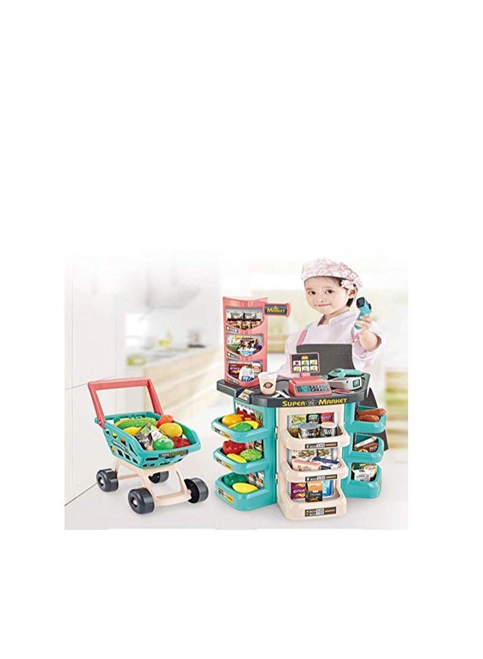 Kids Play Supermarket Set with Scanner - Pretend Play Grocery Shop Set - 47 Piece Complete Playset with Cash Register Credit Card Machine Scanner Shop Trolley and Food Gift for Boys and Girls