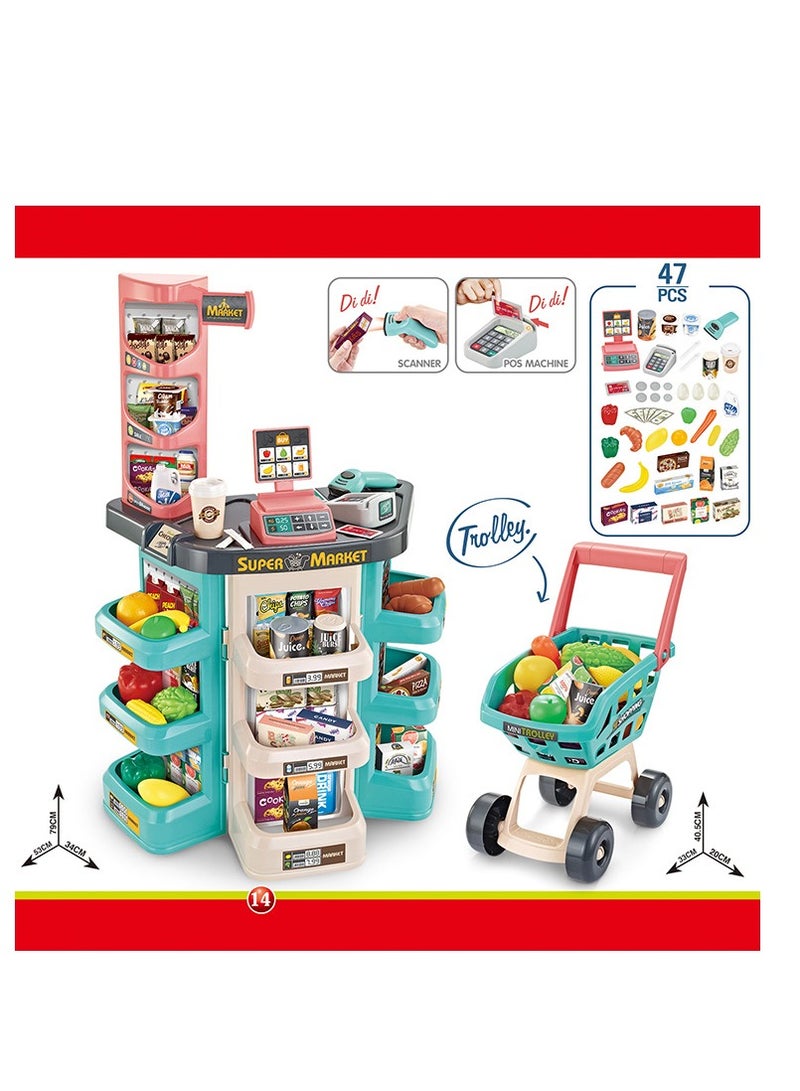 Kids Play Supermarket Set with Scanner - Pretend Play Grocery Shop Set - 47 Piece Complete Playset with Cash Register Credit Card Machine Scanner Shop Trolley and Food Gift for Boys and Girls