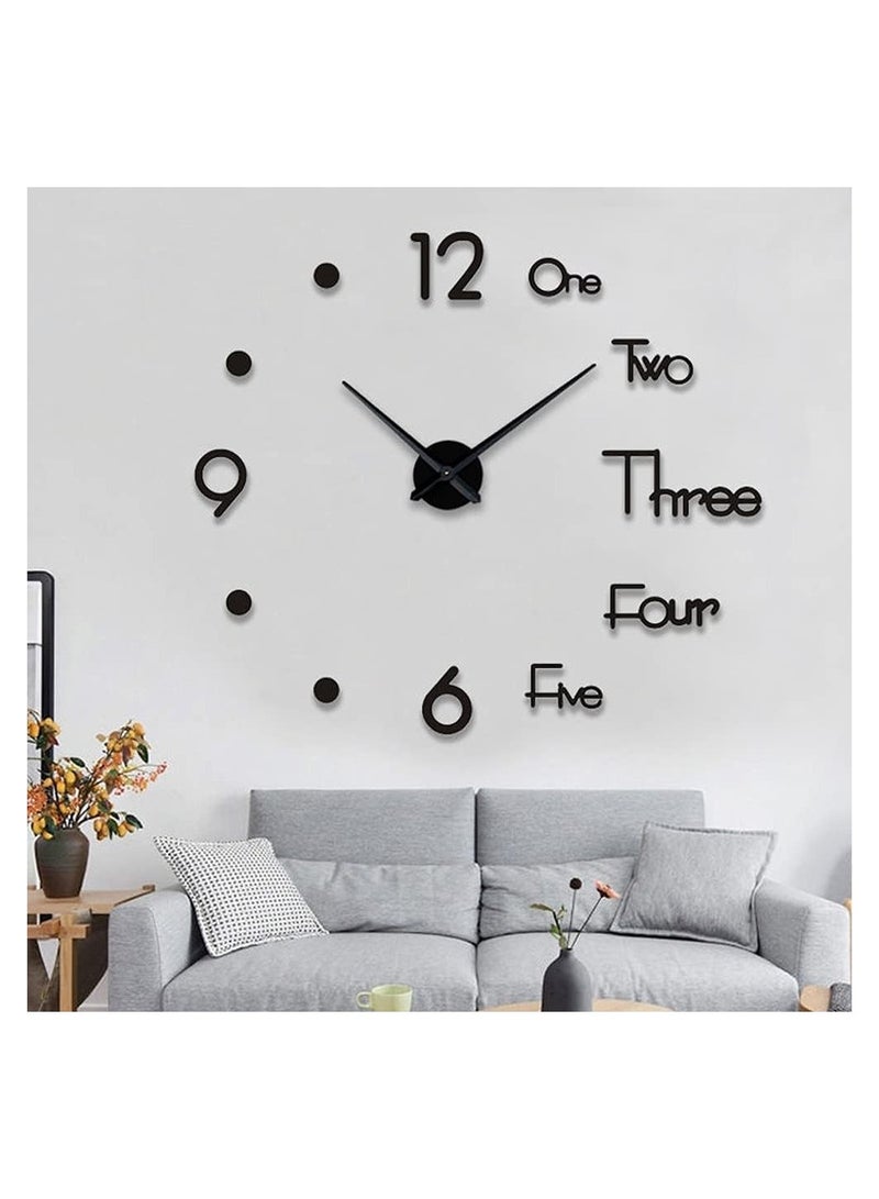 DIY Frameless Modern Large Wall Clock 3D Mirror Sticker Metal Big Wall Clock Home Office Decorations (Black)