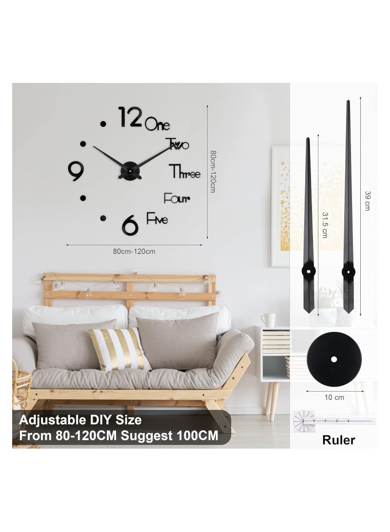 DIY Frameless Modern Large Wall Clock 3D Mirror Sticker Metal Big Wall Clock Home Office Decorations (Black)