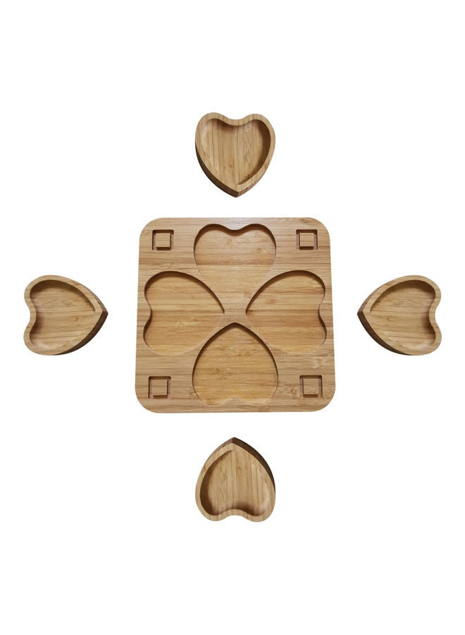 4-Heart Shaped Bamboo Food Serving Platter Brown 24cm