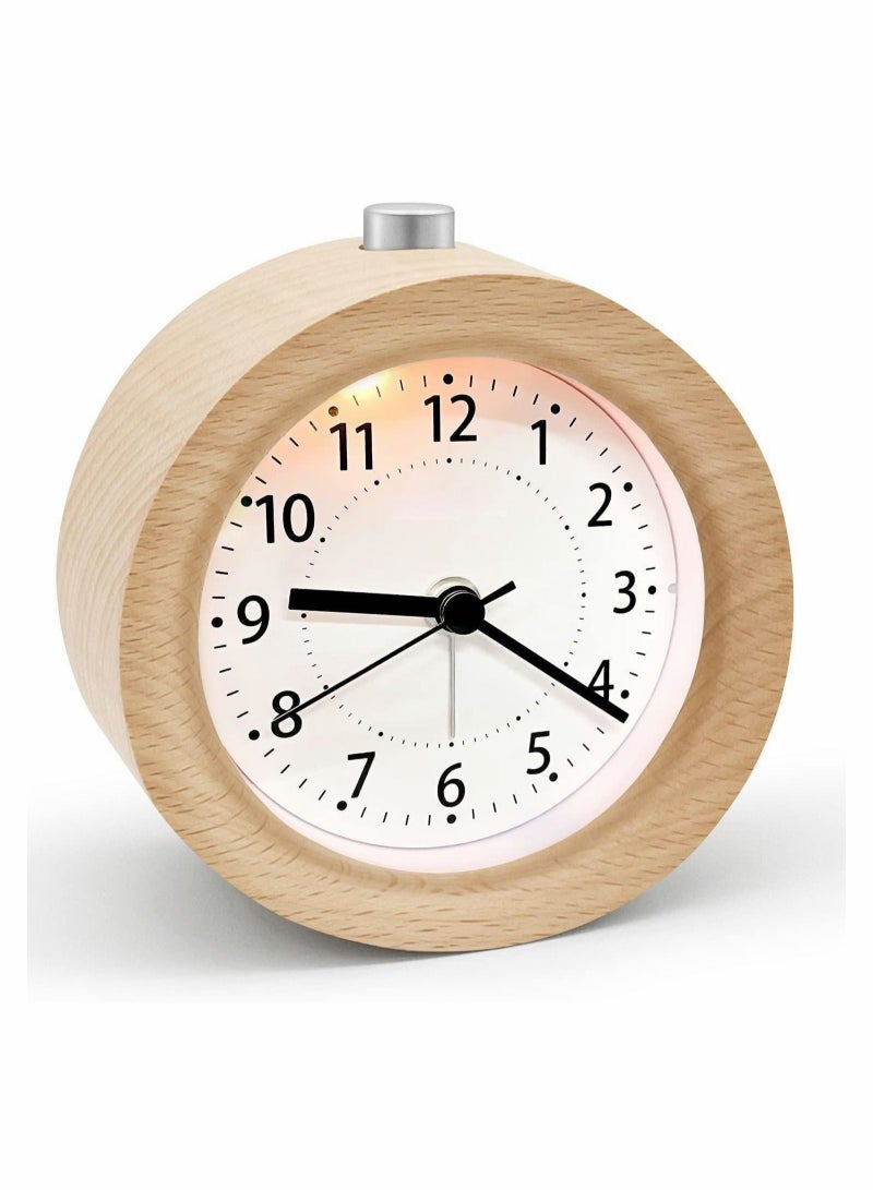 Alarm Clock Bedside, No Ticking Bedside Clock with Snooze and Night Light Function, Analogue Clock Battery Powered for Bedroom, Home, Kitchen, Travel, Natural Wood