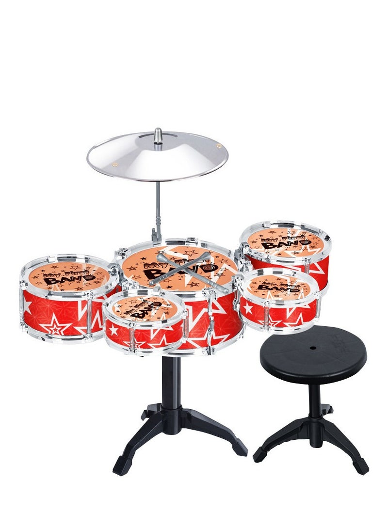 5Pcs Drum Set with Stool Percussion Musical Instruments Kids Drum Set Toys for 3 4 5 Year Old.