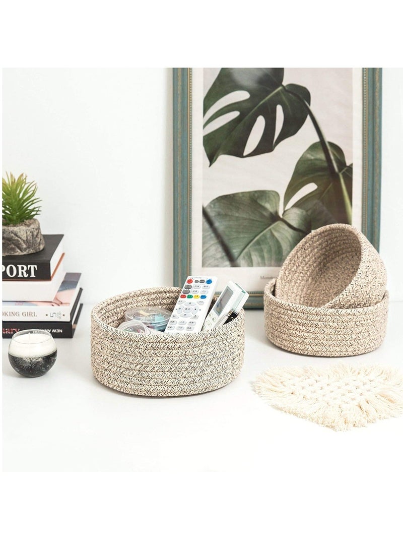 Cotton Rope Nesting Baskets, 3 Pack Woven Cotton Rope Storage Basket, Lovely Closet Baskets Bins for Shelves, Rope Storage Baskets Mini Table Basket Organizer for Small Household Items (Brown)