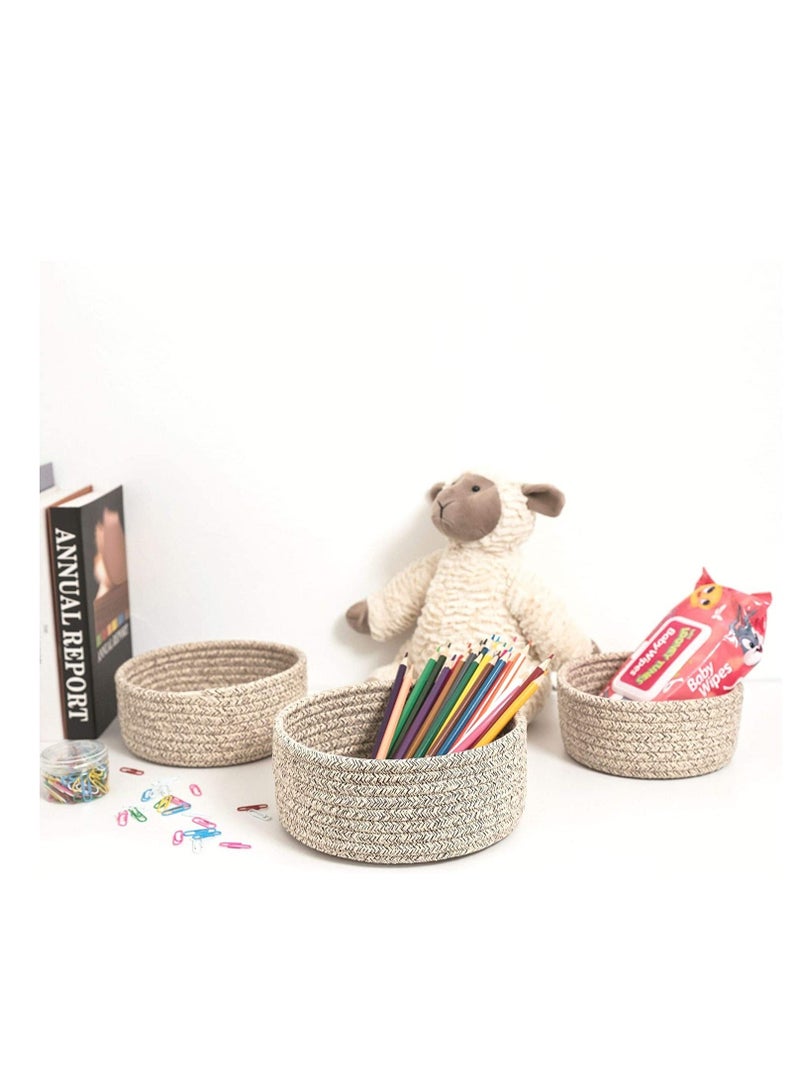 Cotton Rope Nesting Baskets, 3 Pack Woven Cotton Rope Storage Basket, Lovely Closet Baskets Bins for Shelves, Rope Storage Baskets Mini Table Basket Organizer for Small Household Items (Brown)