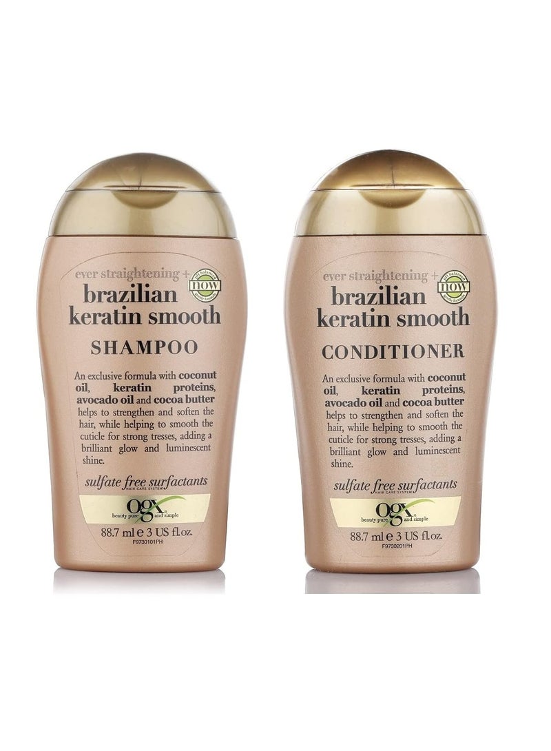 OGX Travel Ever Straightening Brazilian Keratin Smooth Shampoo plus Conditioner | With Coconut Oil Keratin Proteins Avocado Oil and Cocoa Butter For Dry Curly Frizzy   177.4 ml