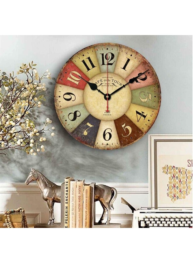 12 Inch Retro Wooden Wall Clock Farmhouse Decor, Silent Non Ticking Wall Clocks Large Decorative - Battery Operated - Antique Vintage Rustic Colorful Tuscan Country Style - Paris