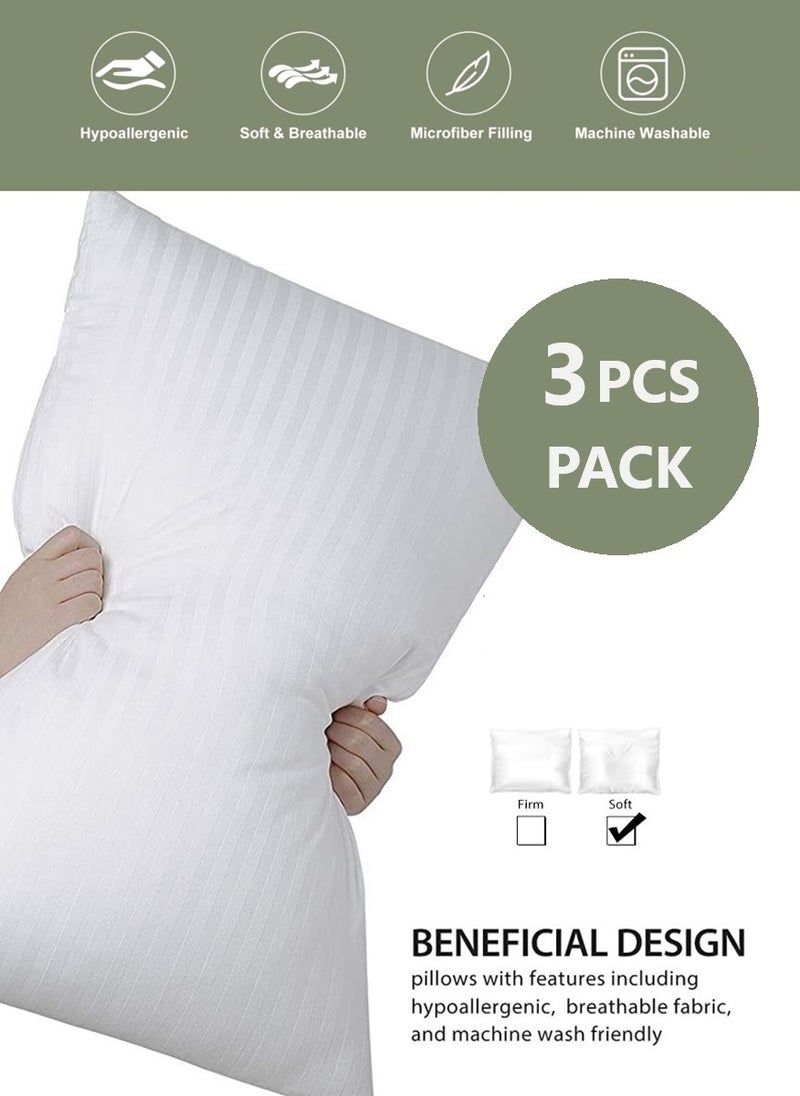 3 Piece set Stripe Design Cotton Soft Bed Pillow White 50x70cm Made in Uae