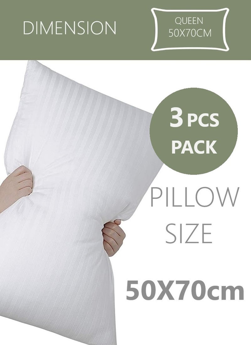 3 Piece set Stripe Design Cotton Soft Bed Pillow White 50x70cm Made in Uae