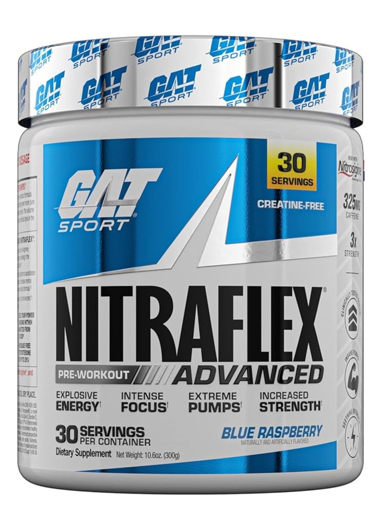 GAT SPORT Nitraflex Advanced Pre-Workout Powder, Increases Blood Flow, Boosts Strength and Energy, Improves Exercise Performance, Creatine-Free (Blue Rasbpberry, 30 Servings)