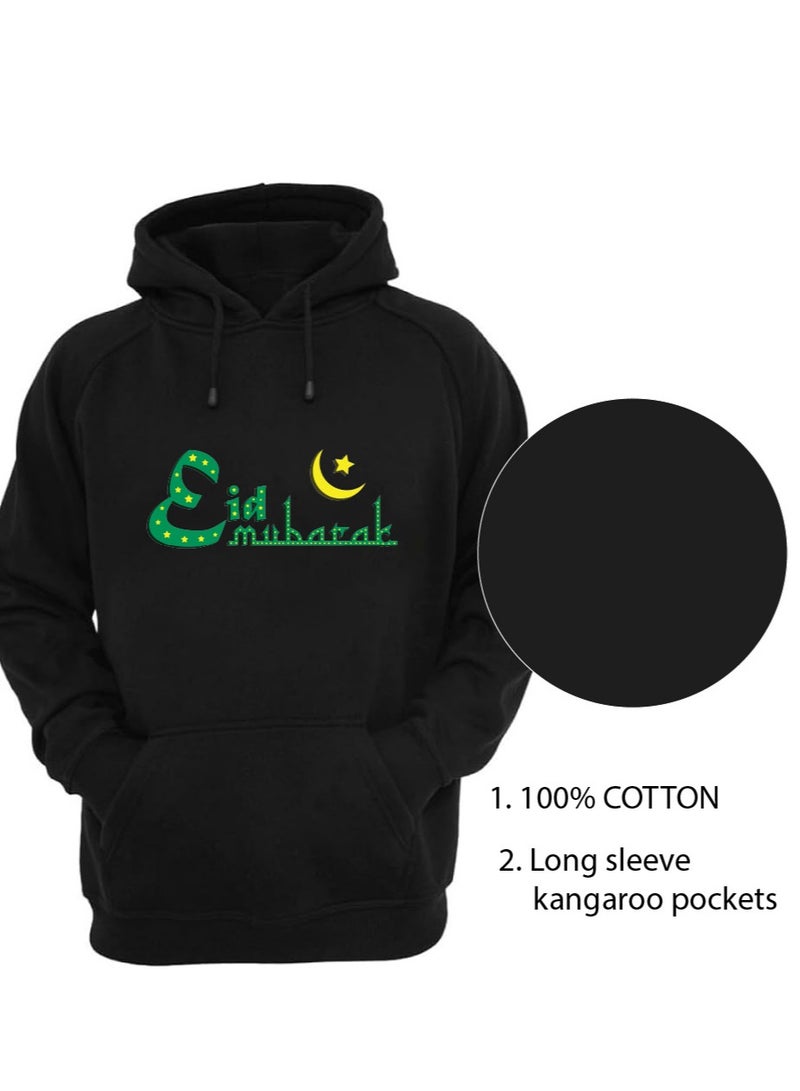 Eid Mubarak Hoodie for Both Men and Women - Soft Cotton Pullover - Long Sleeve with Drawstring and Kangaroo Pockets - Perfect for Travel - Celebrate Eid in Style