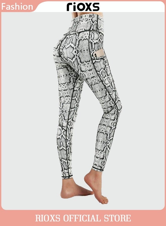 Women's High Waisted Printed Skinny Yoga Pants Sports Leggings Snake Pants With 2 Side Pockets