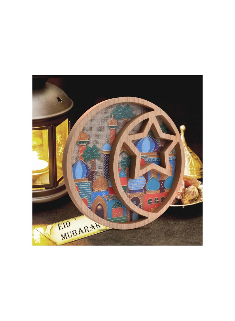 Ramadan Moon Star Serving Tray - Eid Cupcake Candy Plates Mubarak Religious Painting for Family Party Wooden Decorations