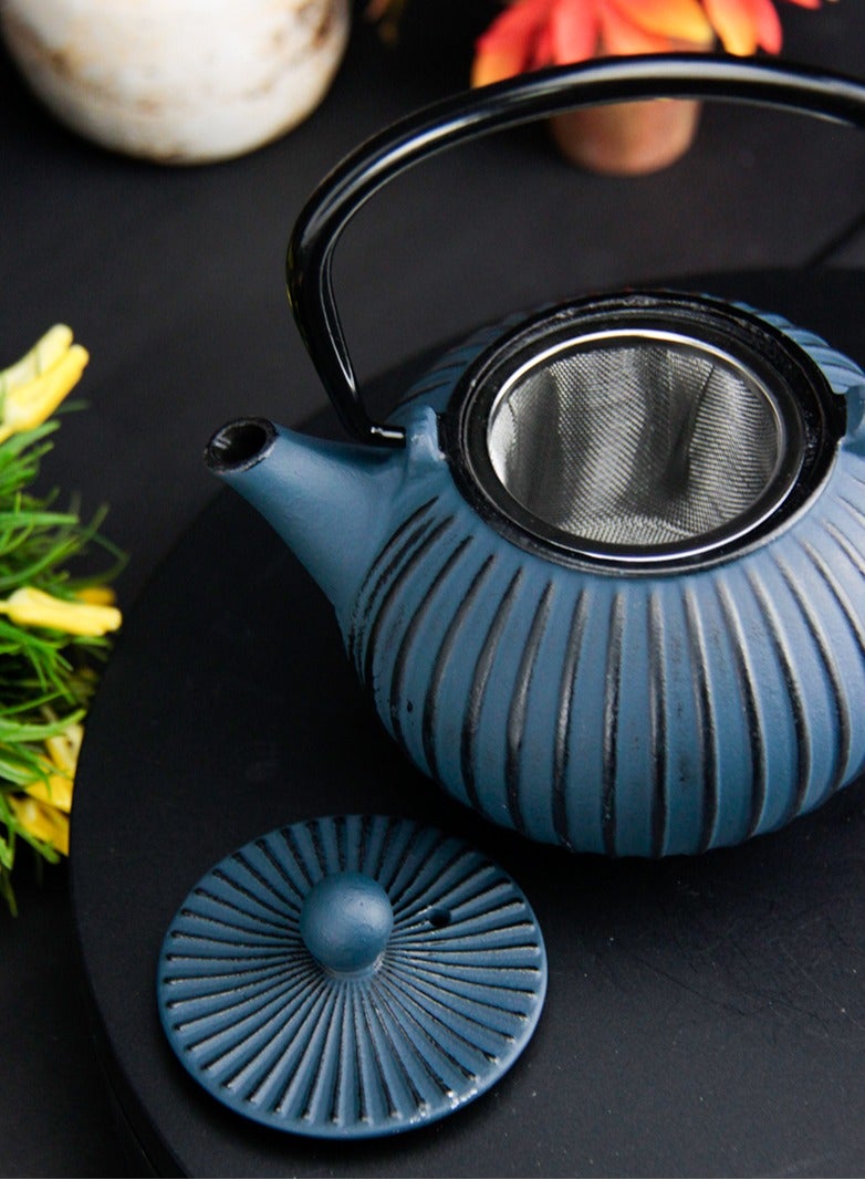 Durable Cast Iron Teapot With Infuser for Loose Tea Coated with Enameled Interior (0.5L) Blue&Black