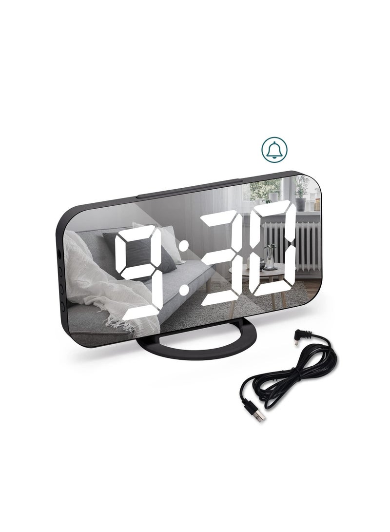 Digital USB rechargeable Alarm Clock, Black Alarm Clock Bedside Non Ticking with Dimmable LED Display, Screen as Mirror