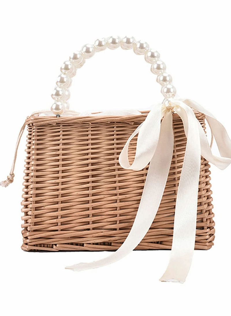 Beach Bags for Women, Fashion Summer Rattan Woven Wicker Tote Bag with Pearl Ornaments