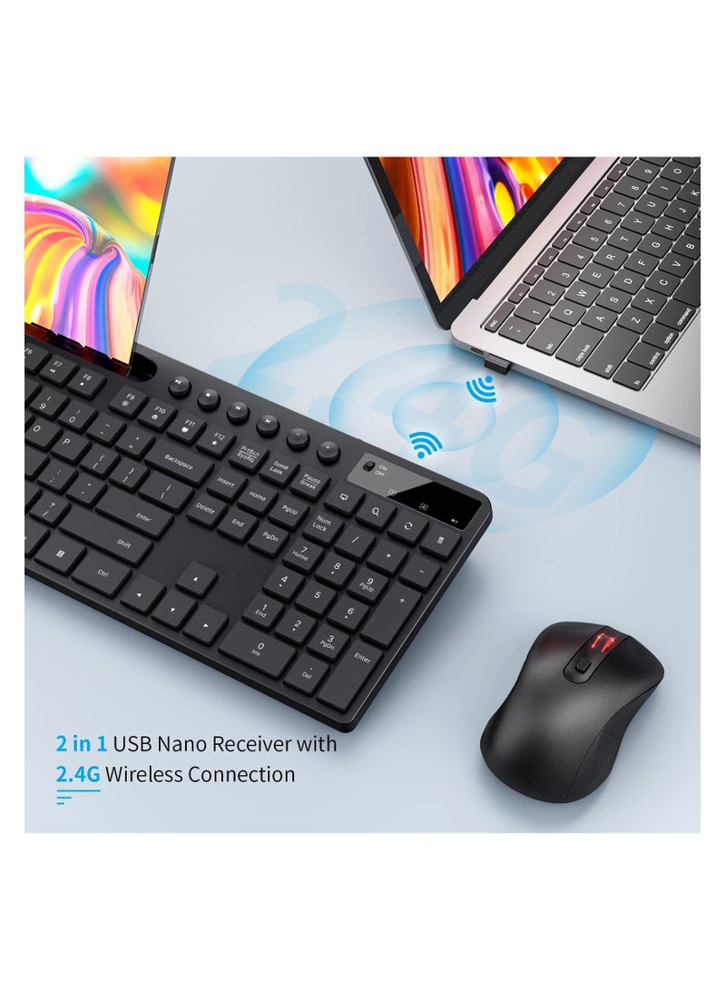 Wireless Keyboard and Mouse Combo, 2.4G Ergonomic Wireless Computer Keyboard with Phone Tablet Holder, Silent Mouse with 6 Button, Compatible with MacBook, Windows (Black)