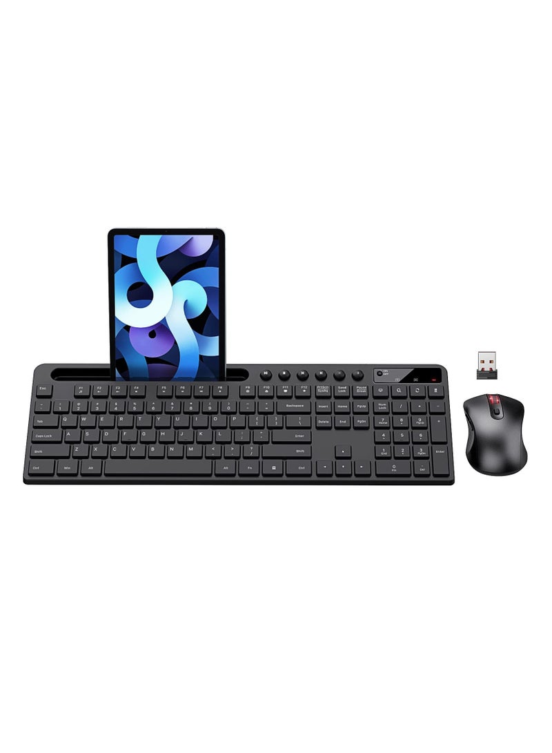 Wireless Keyboard and Mouse Combo, 2.4G Ergonomic Wireless Computer Keyboard with Phone Tablet Holder, Silent Mouse with 6 Button, Compatible with MacBook, Windows (Black)