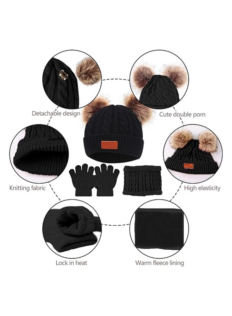 Kids Winter Beanie Hat Scarf Gloves Set Knit Toddler Winter Hat Gloves Neck Warmer with Fleece Lined for Children 2-5 Years,  Black