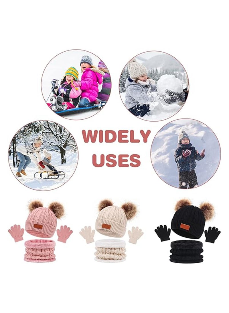 Kids Winter Beanie Hat Scarf Gloves Set Knit Toddler Winter Hat Gloves Neck Warmer with Fleece Lined for Children 2-5 Years,  Black