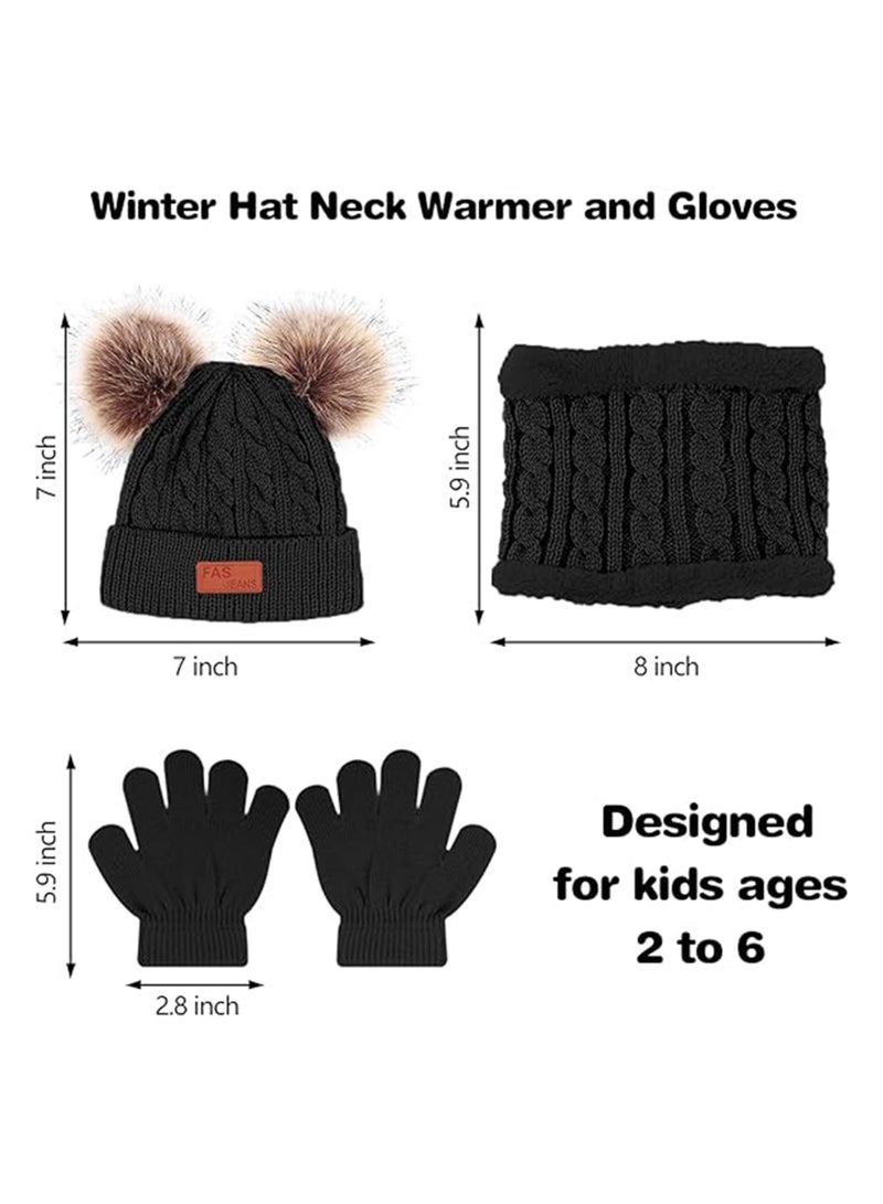 Kids Winter Beanie Hat Scarf Gloves Set Knit Toddler Winter Hat Gloves Neck Warmer with Fleece Lined for Children 2-5 Years,  Black