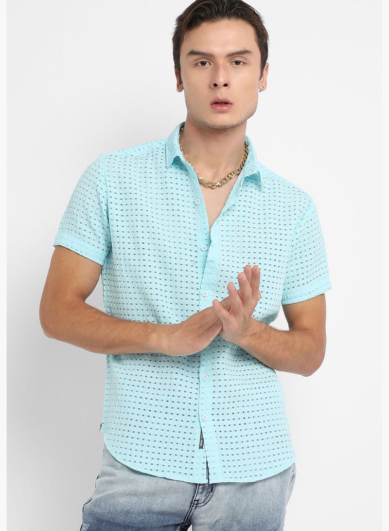 Solid Spread Collar Short Sleeve Shirt