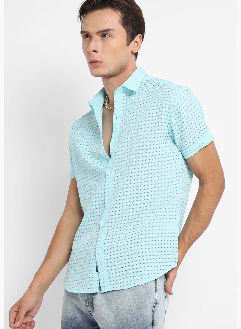Solid Spread Collar Short Sleeve Shirt