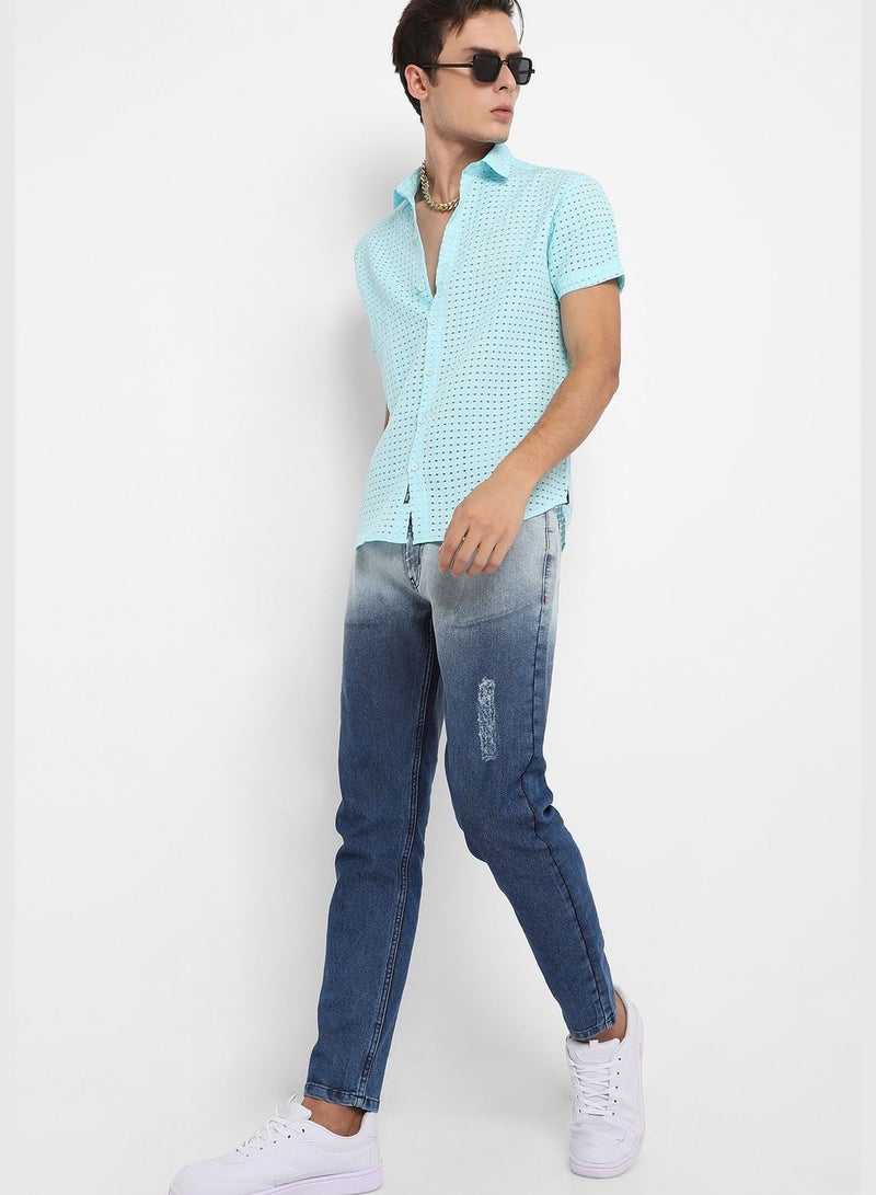 Solid Spread Collar Short Sleeve Shirt