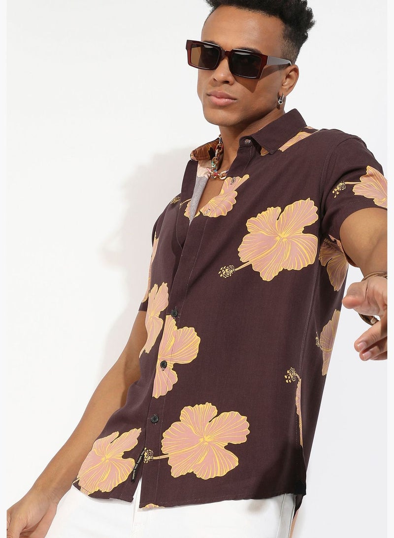 Printed Spread Collar Short Sleeve Shirt
