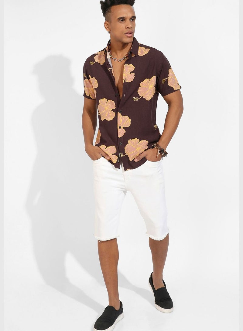 Printed Spread Collar Short Sleeve Shirt
