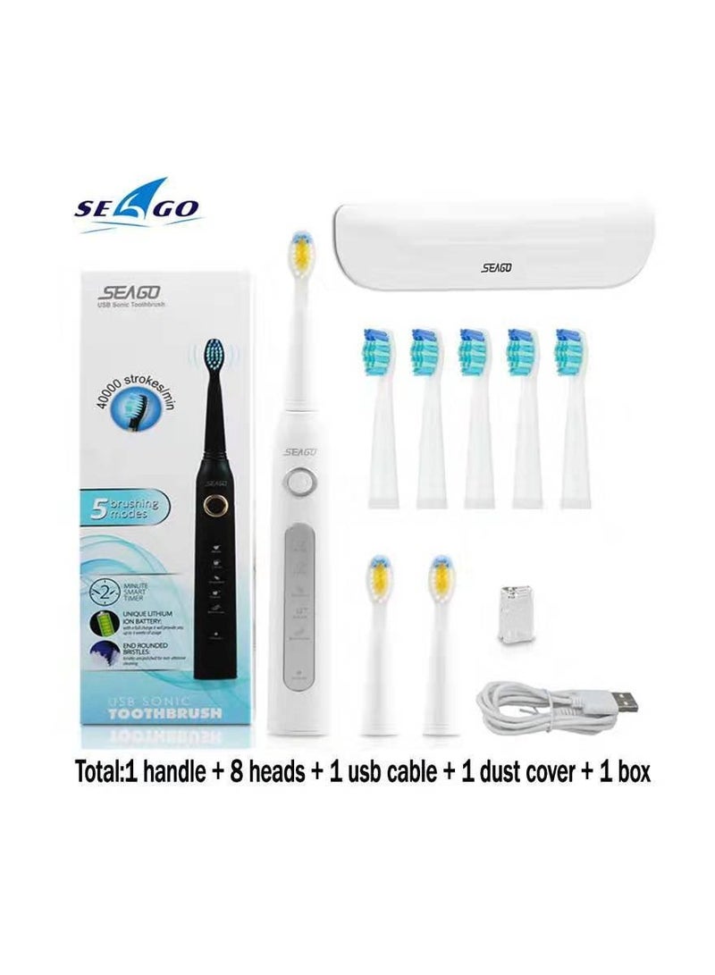 Seago blue electric toothbrush with 5 brush heads, multiple brushing modes and built-in timer