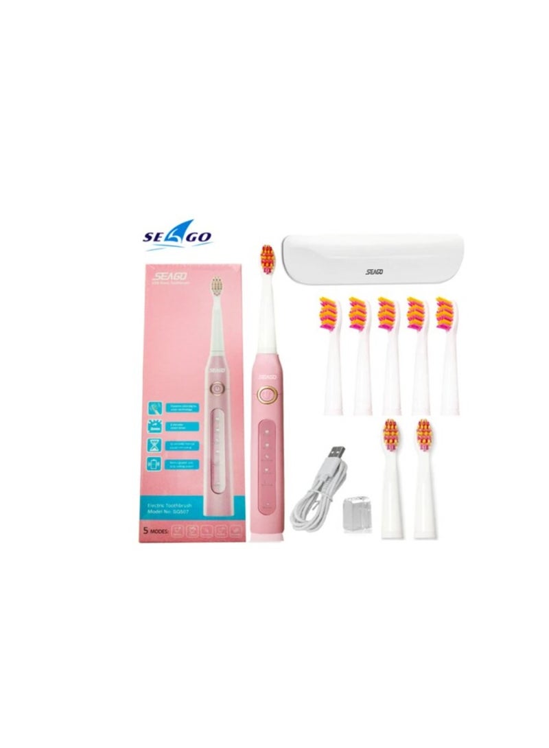 Seago pink electric toothbrush with 5 brush heads, 1 white storage case, multiple brushing modes and built-in timer