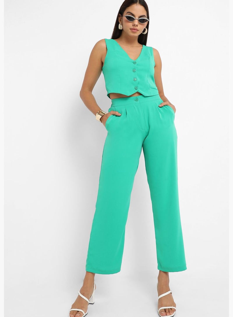 Solid V Neck Sleeveless Top and Pant Set