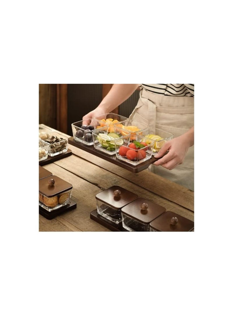 Square Glass snack plate with bamboo lid dessert separated platter divided dried fruit bowl fruit container (6 Bowls)